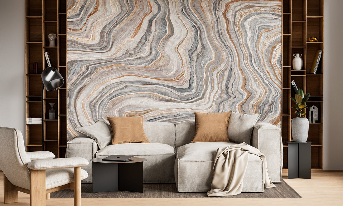 Canvastone flexible marble application in a cozy modern living room.