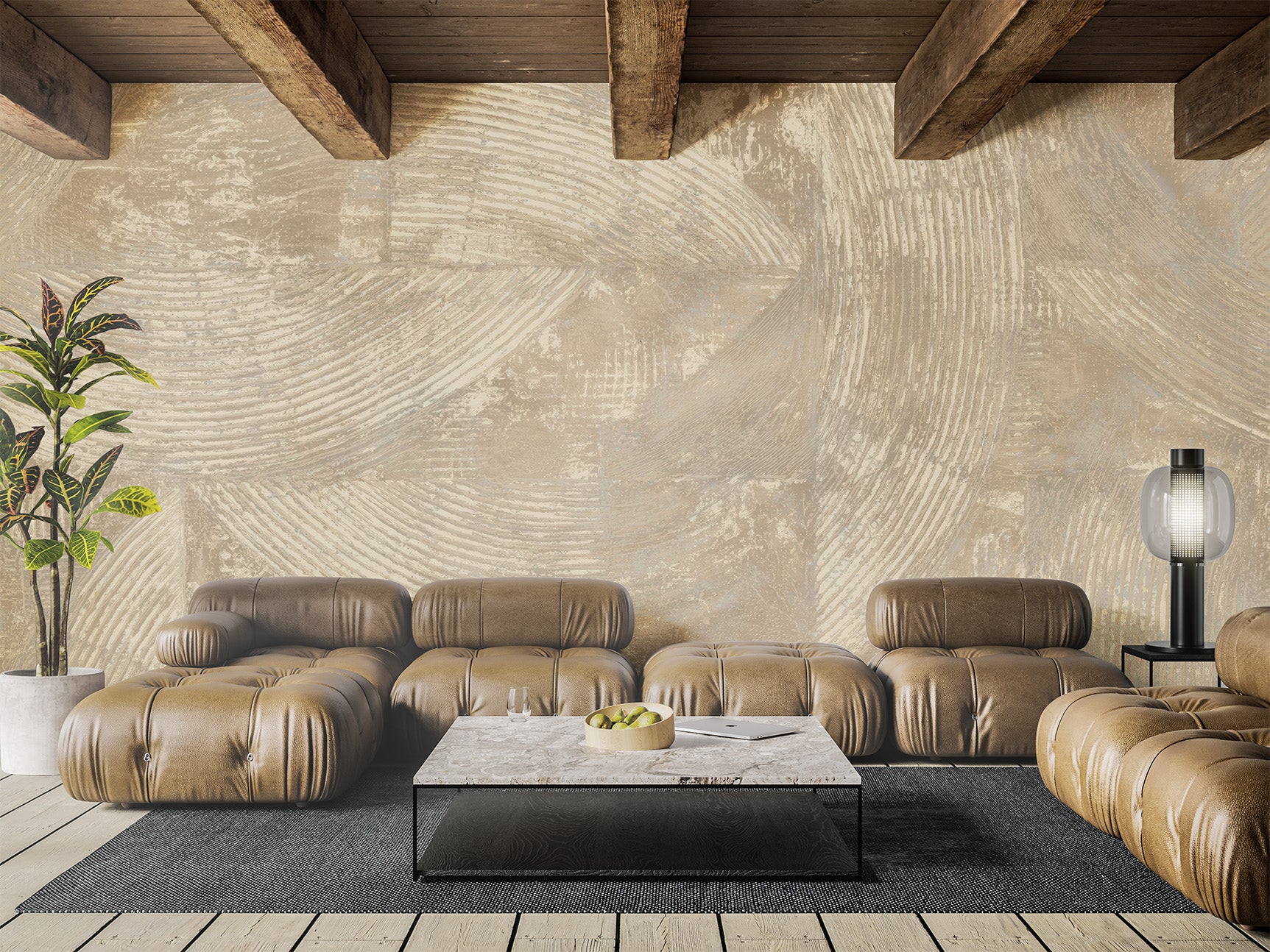 Modern living room with a beige fresco on the wall, beige sectional sofa, marble coffee table, and decorative elements.