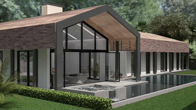 Modern house design with large glass windows and a pool in a residential area