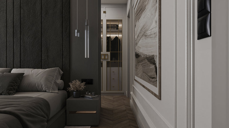 Luxury bedroom design details of wall and custom design of bedhead. 