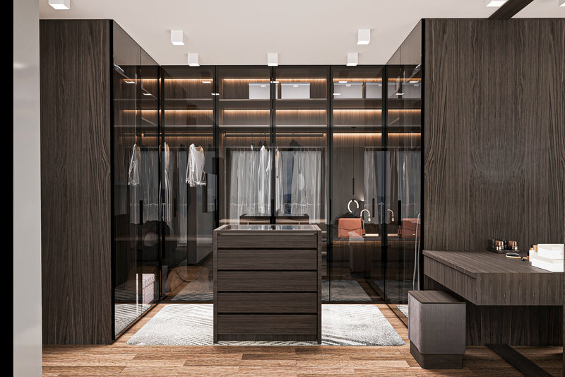 Custom modern luxury walk-in dressing room design with marble finishes in Orlando