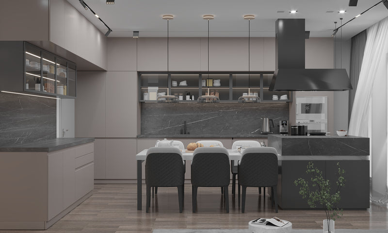 Custom modern kitchen design with marble finishes in Orlando Florida