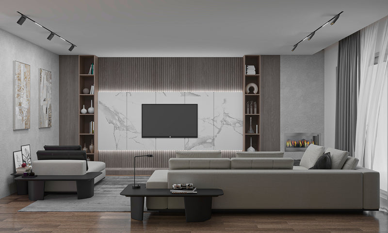 Custom modern livingroom TV unit design with flexible marble finishes in Orlando